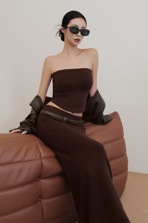 抽皺平口針織長裙套裝