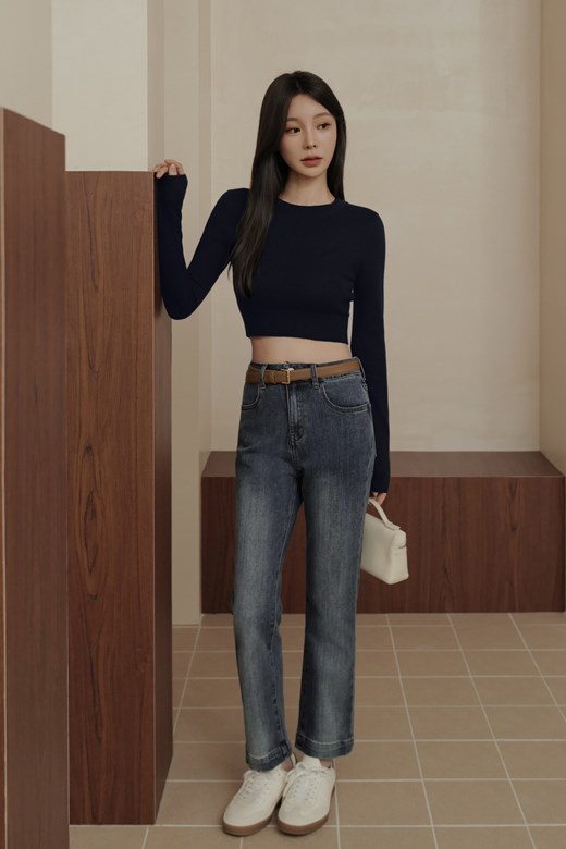 彈力牛仔九分直筒褲