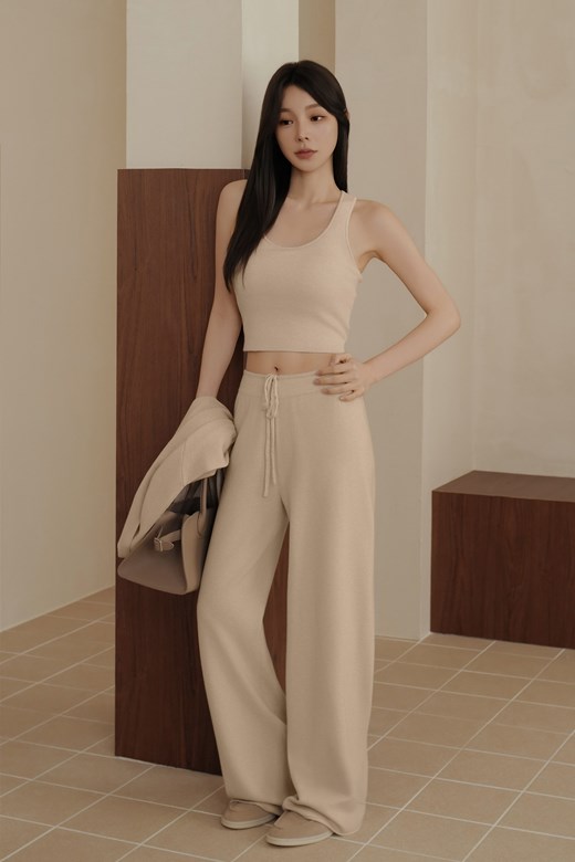 細針羊毛抽繩寬褲