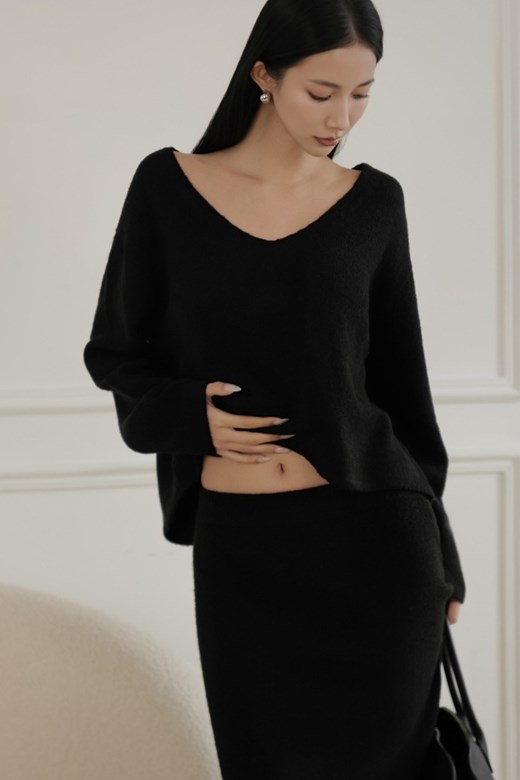 絨毛感V領寬鬆針織長袖