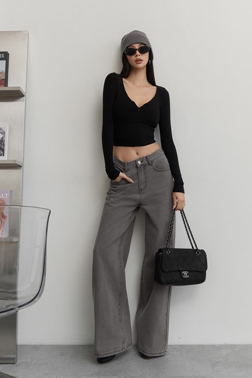 水洗灰中腰牛仔長褲