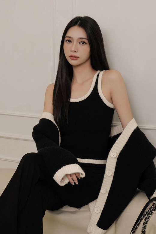 撞色削肩針織背心