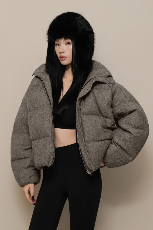 混色毛呢連帽羽絨外套(可拆式)