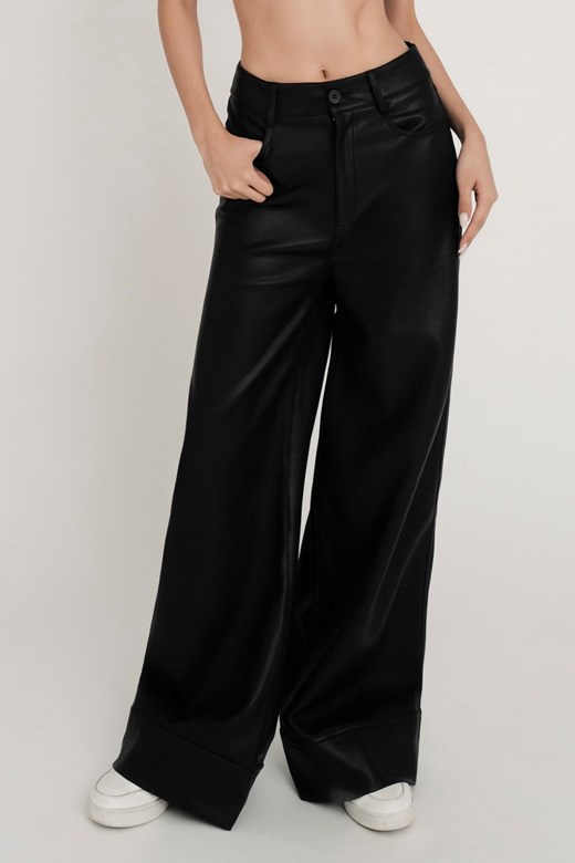 高腰皮革拼接大寬褲