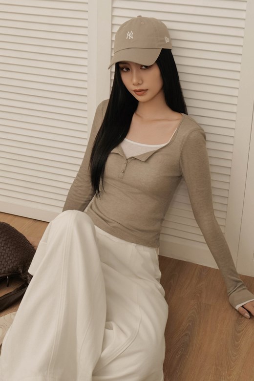 兩件式開釦坑條長袖上衣