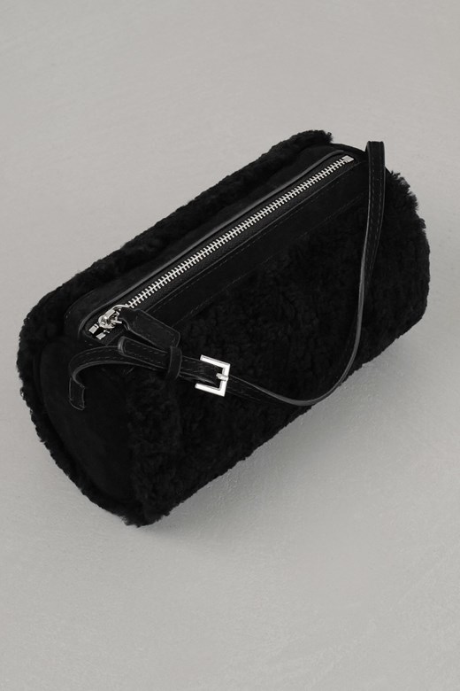 拼接麂皮毛毛圓筒包