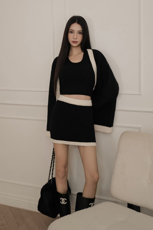 撞色針織短裙