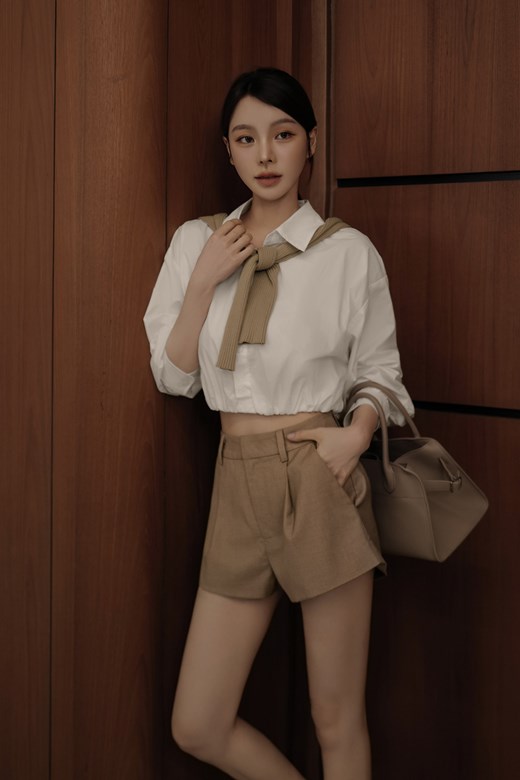 縮腰寬鬆短版襯衫