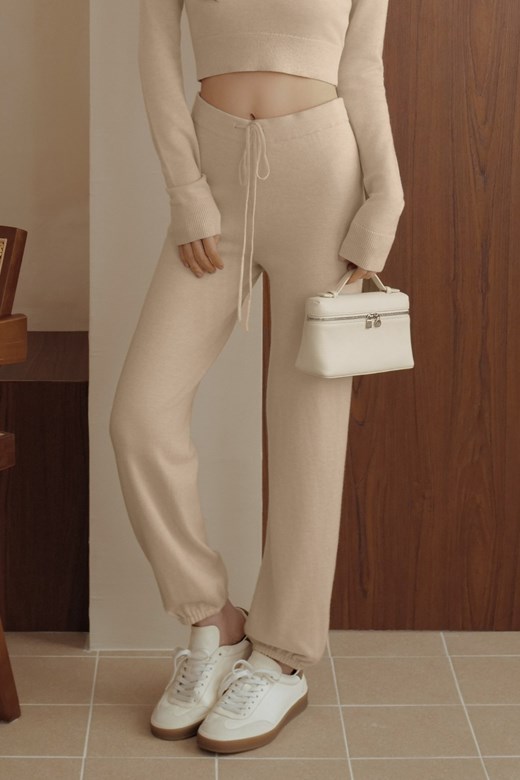 細針羊毛抽繩縮口長褲