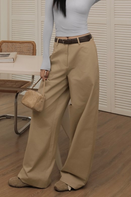 淺卡其後鬆緊落地寬褲