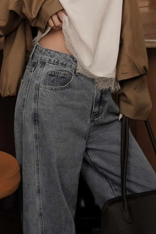 側剪接落地牛仔長褲