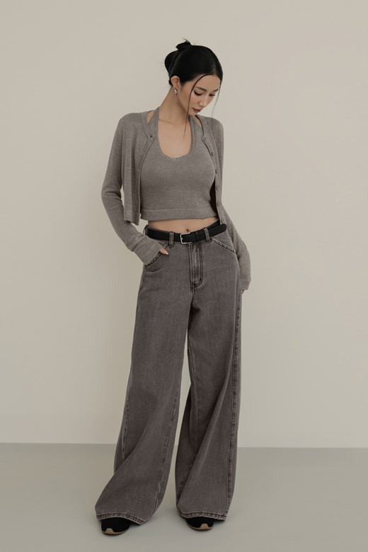 斜口袋側剪接線牛仔長褲