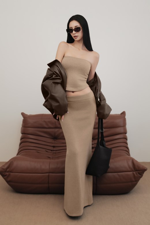 抽皺平口針織長裙套裝