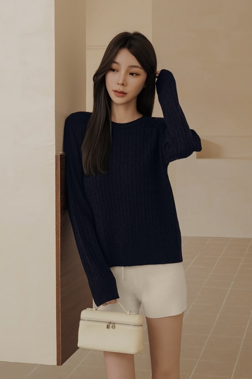 細針羊毛麻花圓領長袖