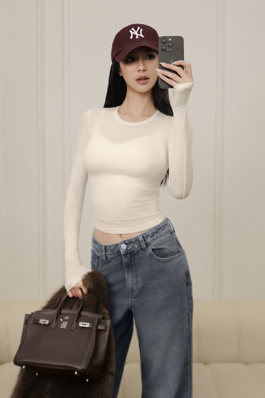 圓領加長袖彈力透肌打底衣