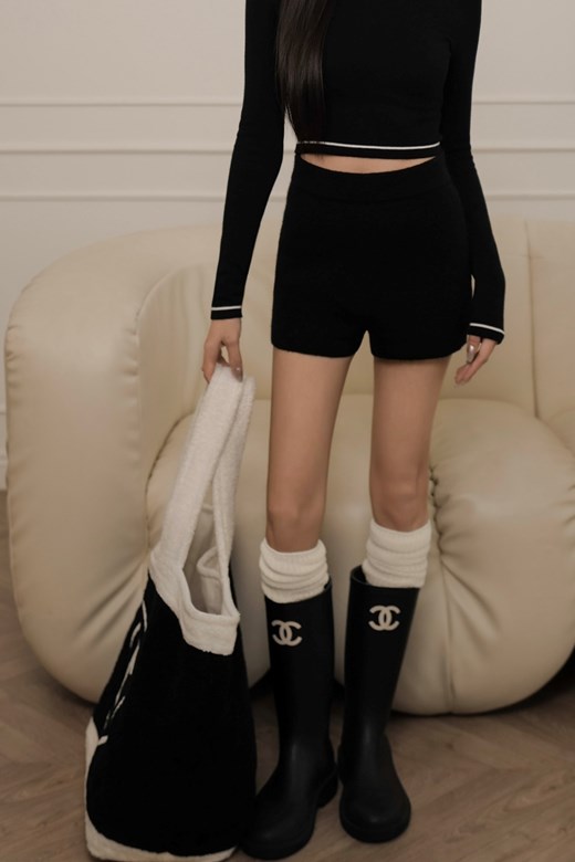 撞色高腰針織短褲