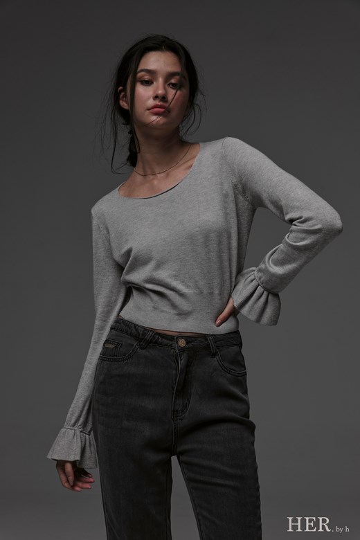 荷葉人造絲細腰針織上衣