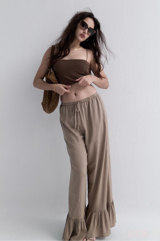 天然棉麻荷葉鬆緊寬褲