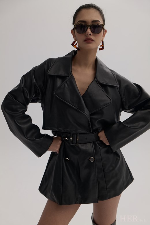 高訂輪廓｜雙排釦短版皮革風衣