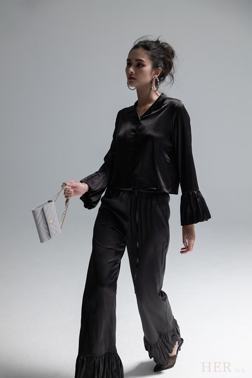 緞光荷葉套裝-長褲