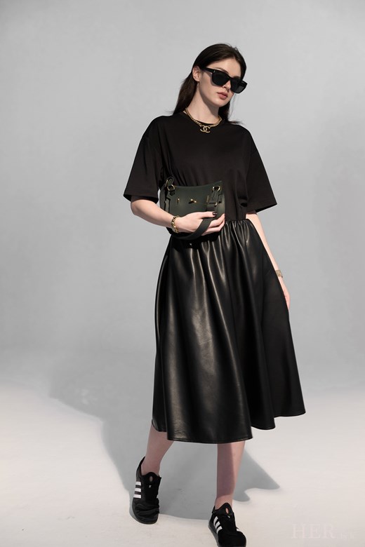 法式立體剪裁皮革中長裙