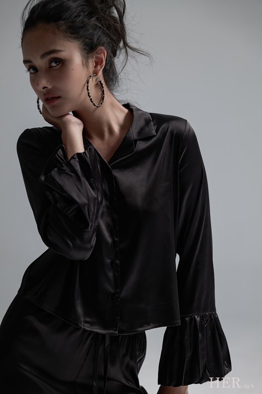 緞光荷葉套裝-襯衫