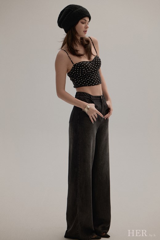 人造絲柔墜修身寬版丹寧褲