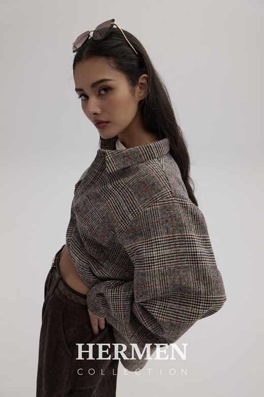 英倫灰紅格暖絨襯衫外套