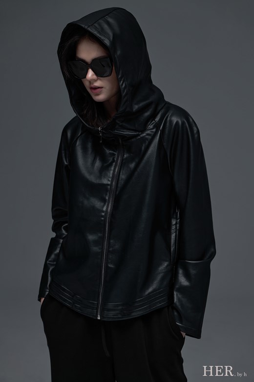 都會俐落連帽皮革外套