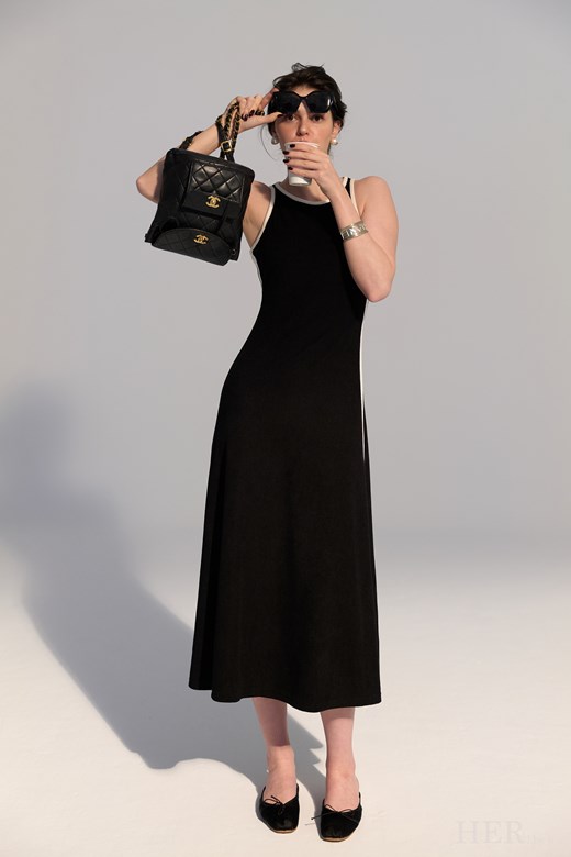 人造絲毛巾布｜黑白收腰削肩長洋裝