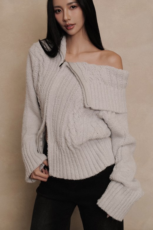 立領扭織設計拉鍊針織毛衣