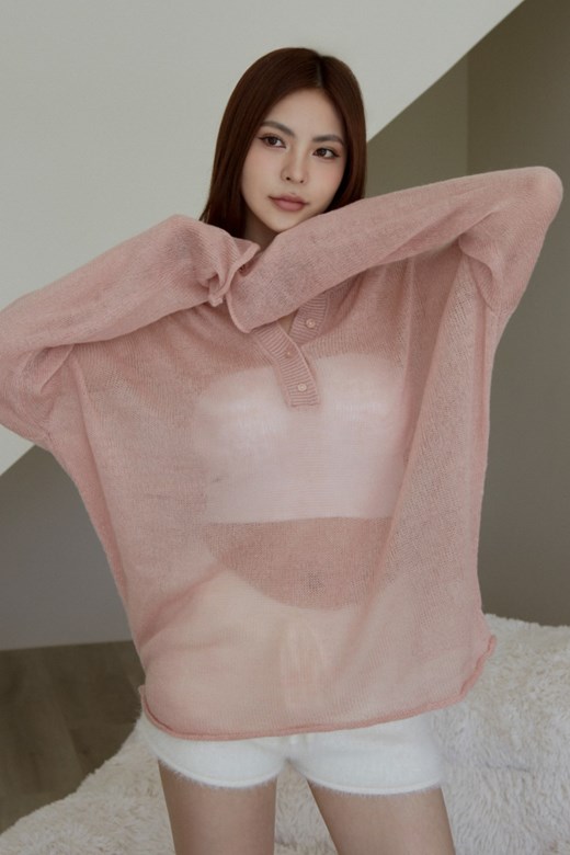 微透膚半開襟圓領針織上衣