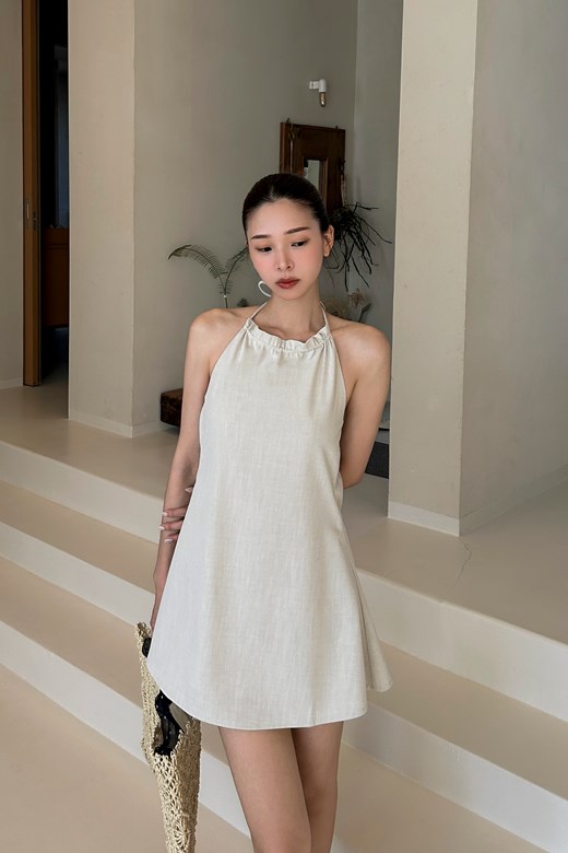 度假亞麻綁帶美背短洋