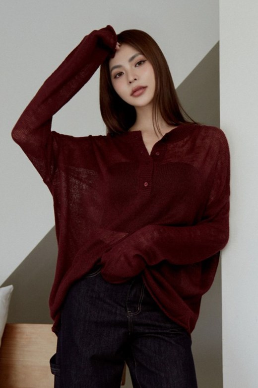 微透膚半開襟圓領針織上衣