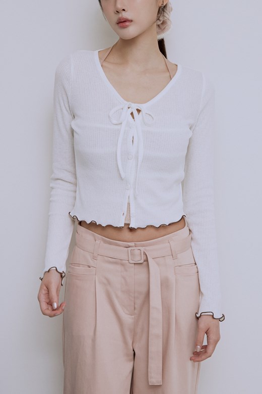 撞色捲邊綁帶開襟上衣