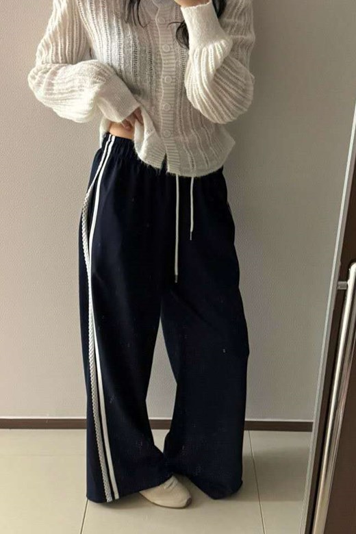 蕾絲側線抽繩寬褲