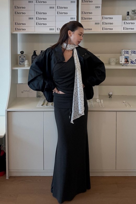 腰頭反折抽繩層次長裙