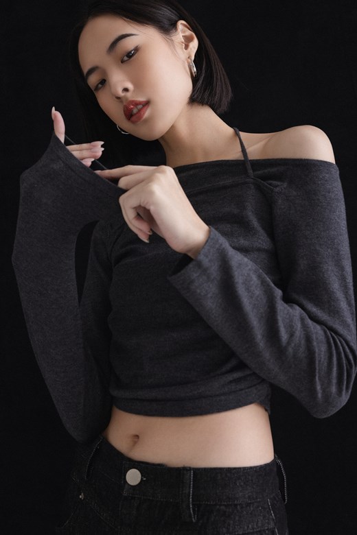 mi斜肩假兩件針織上衣