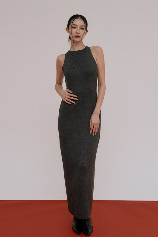 細羅紋削肩修身長洋裝