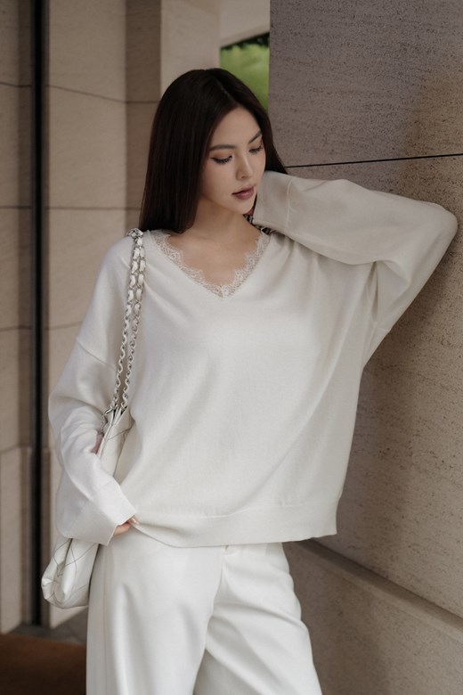 親膚羊毛蕾絲針織上衣