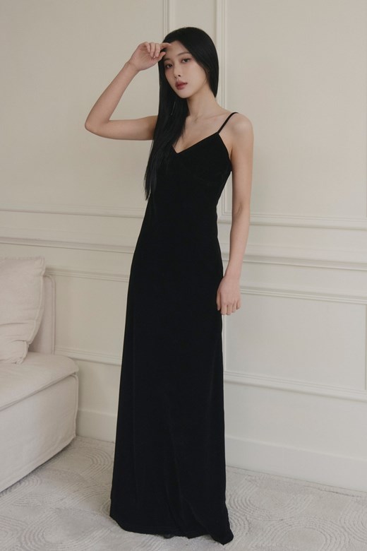 植絨網紗細肩長洋裝