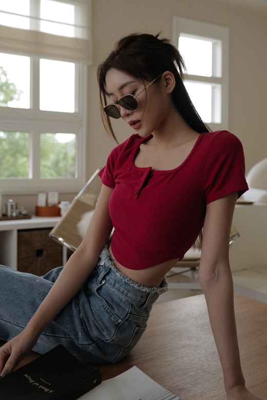 日常開釦圓弧擺細毛巾布短Tee