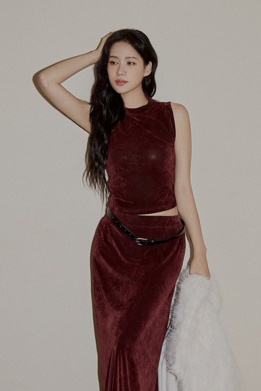 植絨網紗小高領削肩背心