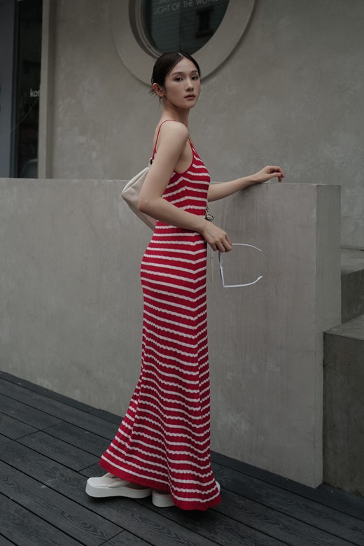 削肩涼針織長洋裝