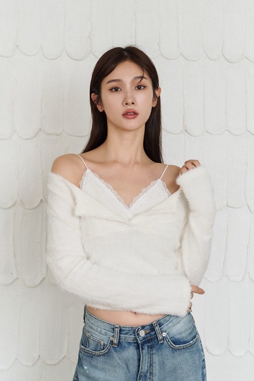 柔軟毛毛蕾絲假兩件上衣