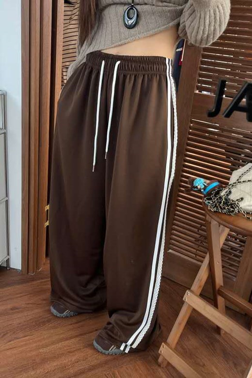 蕾絲側線抽繩寬褲