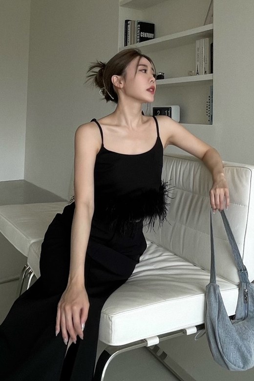 羽毛拼接法式背心