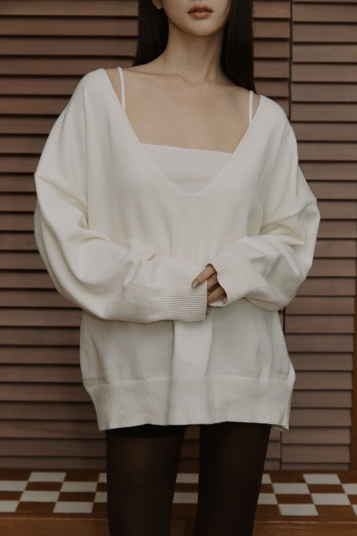 兩件式V領親膚針織毛衣