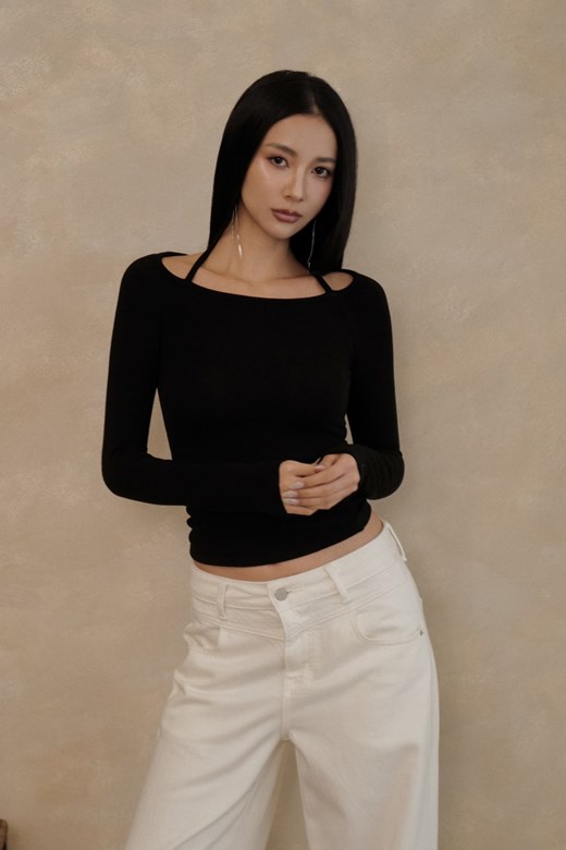 精緻一字領綁帶長袖上衣