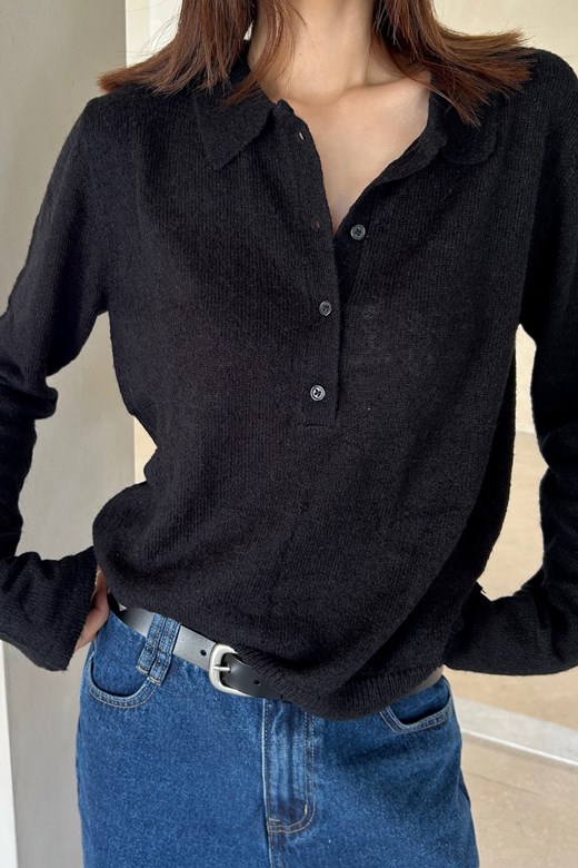 Polo領透肌針織上衣